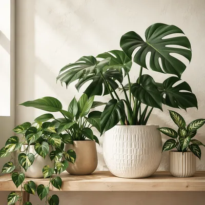 Serene Indoor Plants on Wooden Shelf