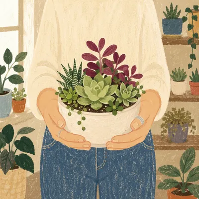 Hands Holding Succulent Planter in Cozy Plant Corner