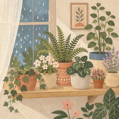 Indoor Flowering Plants on Wooden Shelf