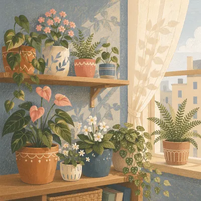 Sunlit Indoor Flowering Plant Shelf Display