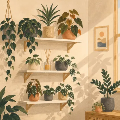 Cozy Indoor Plant Shelf Arrangement