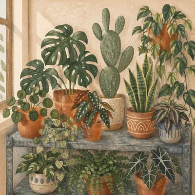 Indoor Plant Shelf with Terracotta Pots