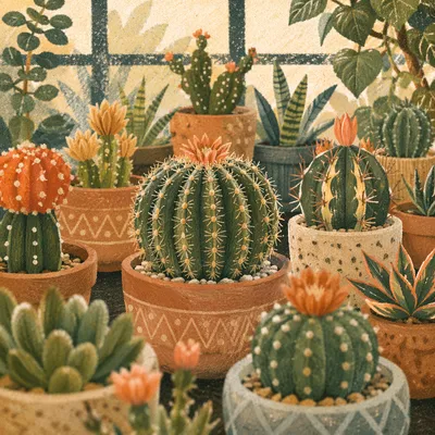 Flowering Cacti on Greenhouse Shelf