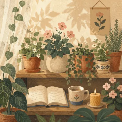 Sunlit Shelf with Flowering Houseplants