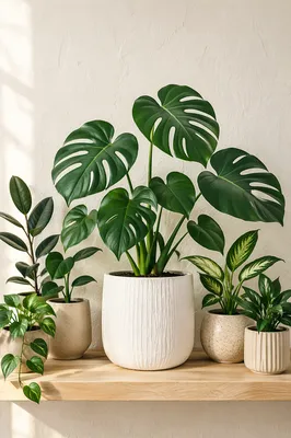 Serene Indoor Plants on Wooden Shelf