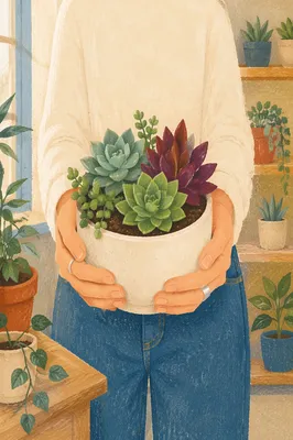 Hands Holding Succulent Planter Indoors