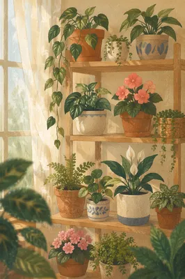 Sunlit Indoor Plant Shelf with Flowers