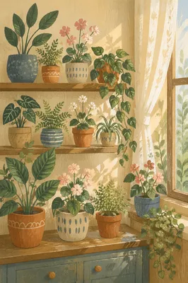 Sunlit Indoor Flowering Plants on Shelves