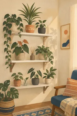 Cozy Indoor Plant Shelf Arrangement