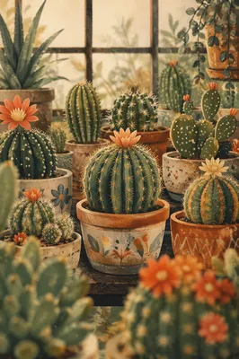 Indoor Cacti and Flowering Succulents on Shelf