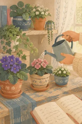 Peaceful Indoor Plant Shelf with Morning Blooms