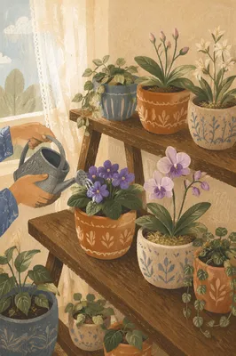 Peaceful Indoor Flowering Plants on Wooden Shelf