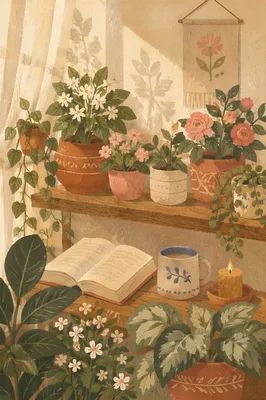 Sunlit Shelf with Flowering Houseplants