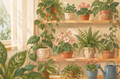 Sunlit Indoor Plant Shelf with Soft Blooms