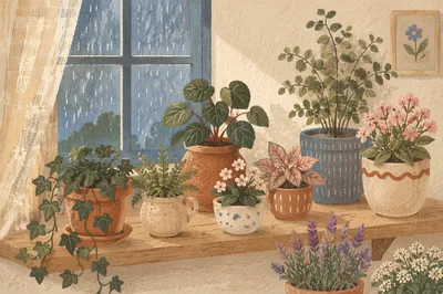 Indoor Flowering Plants on Oak Shelf