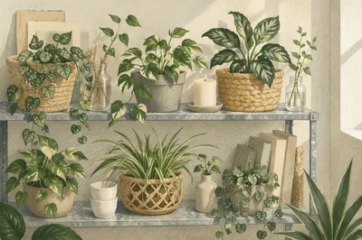 Curated Indoor Plant Shelf in Folk Art Style