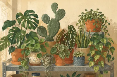 Indoor Plant Shelf with Terracotta Pots
