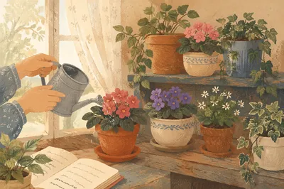 Peaceful Indoor Plant Shelf with Morning Flowers