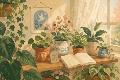 Peaceful Indoor Plants on Prayer Shelf