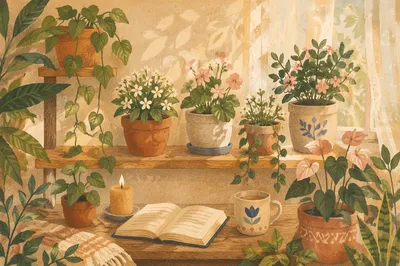 Sunlit Shelf with Flowering Houseplants