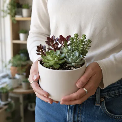 Hands Holding Succulent Planter in Bright Home