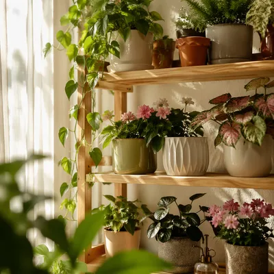 Sunlit Indoor Plant Shelf with Blooming Pots