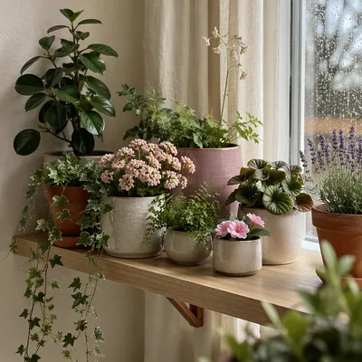 Indoor Plant Shelf with Soft Floral Blooms