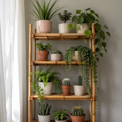Indoor Plant Collection on Bamboo Shelf