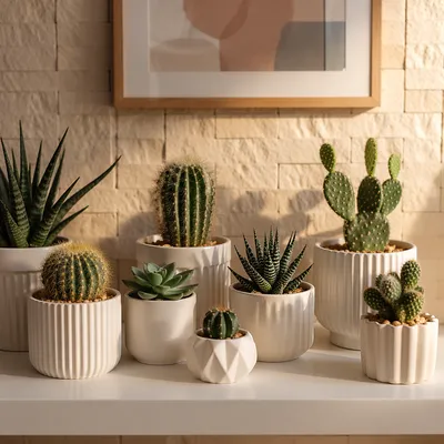 Curated Succulents and Cacti on White Shelf