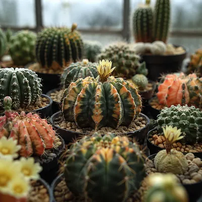Flowering Succulents on a Greenhouse Shelf