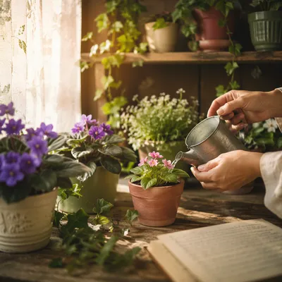 Peaceful Indoor Flowering Plants on Wooden Shelf
