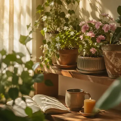 Sunlit Shelf with Flowering Houseplants