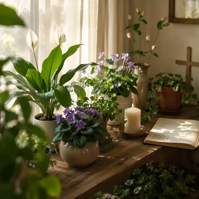 Flowering Houseplants on Peaceful Prayer Shelf