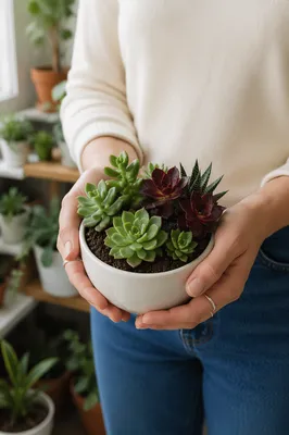 Hands Holding Succulent Planter Indoors