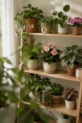Sunlit Indoor Plant Shelf with Flowers