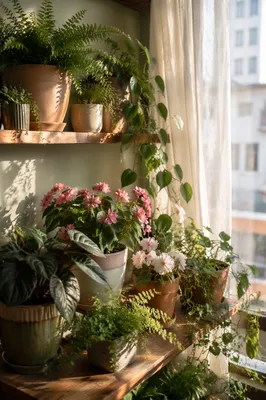 Sunlit Indoor Flowering Plants on Wooden Shelves