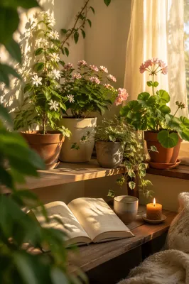 Sunlit Shelf with Flowering Houseplants