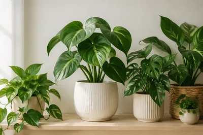 Minimalist Indoor Tropical Plants on Wooden Shelf