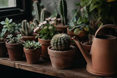 Moody Indoor Plants on Rustic Wooden Shelf