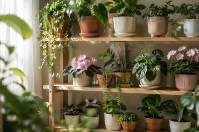 Sunlit Indoor Plant Shelf with Blooming Pots