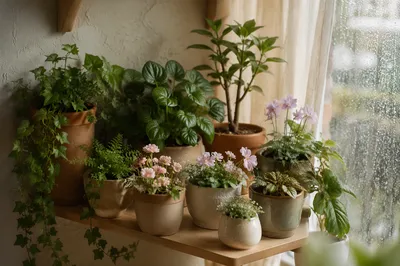 Indoor Plant Shelf with Soft Floral Blooms