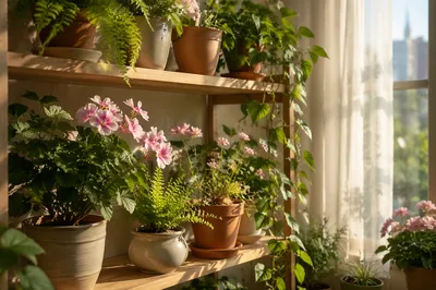 Sunlit Indoor Plant Shelf with Blossoms