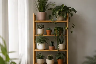 Indoor Plant Collection on Bamboo Shelf