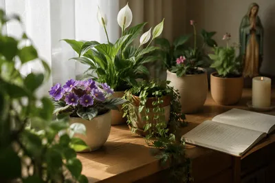 Flowering Houseplants in Peaceful Prayer Corner