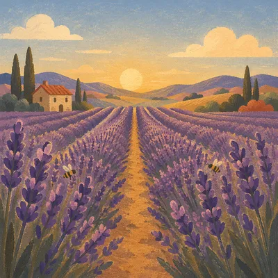 Golden Hour Lavender Rows in Bloom