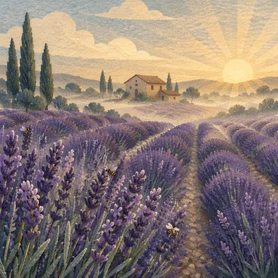 Sunrise Lavender Field with Distant Farmhouse