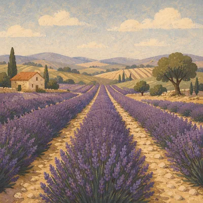 Sunlit Lavender Rows Across Quiet Countryside