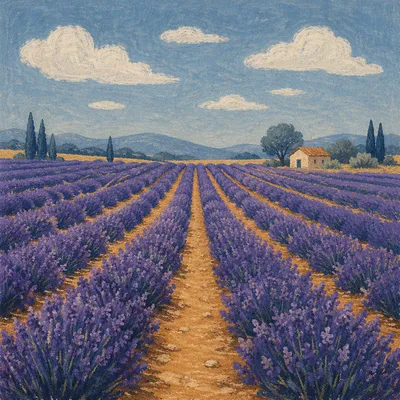 Blooming Lavender Rows Under Summer Sky