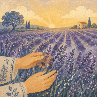 Hands Brushing Lavender Field at Sunrise