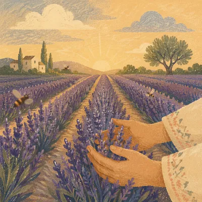 Prayerful Dawn in Lavender Field Rows